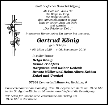 Traueranzeige von Gertrud König von Tageszeitung