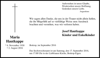 Traueranzeige von Maria Hautkappe von Tageszeitung