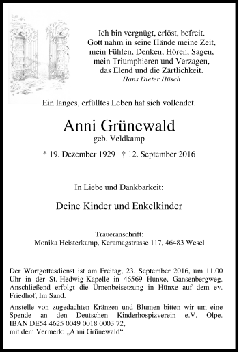 Traueranzeige von Anni Grünewald von Tageszeitung