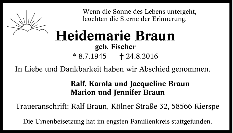  Traueranzeige für Heidemarie Braun vom 06.09.2016 aus Tageszeitung