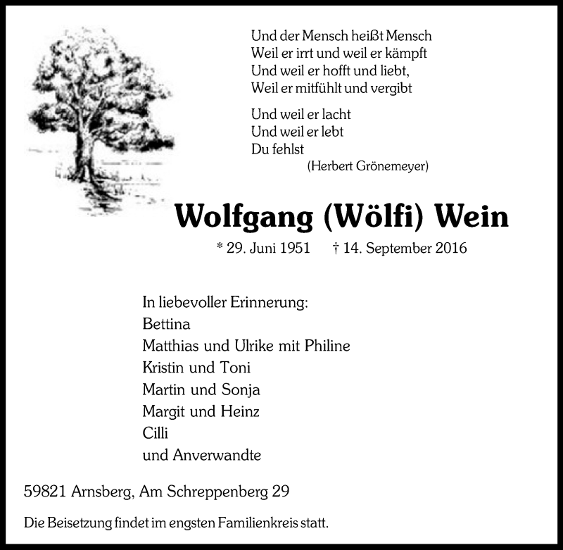  Traueranzeige für Wolfgang Wein vom 17.09.2016 aus Tageszeitung