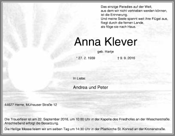 Traueranzeige von Anna Klever von Tageszeitung