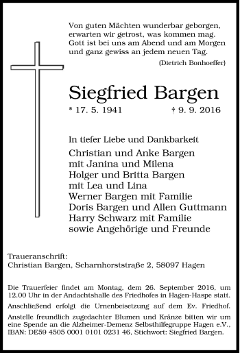 Traueranzeige von Siegfried Bargen von Tageszeitung