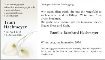 Traueranzeige von Trudi Hachmeyer von Tageszeitung