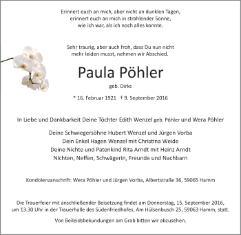 Traueranzeige von Paula Pöhler von Tageszeitung