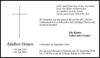 Traueranzeige von Adalbert Deimen von Tageszeitung