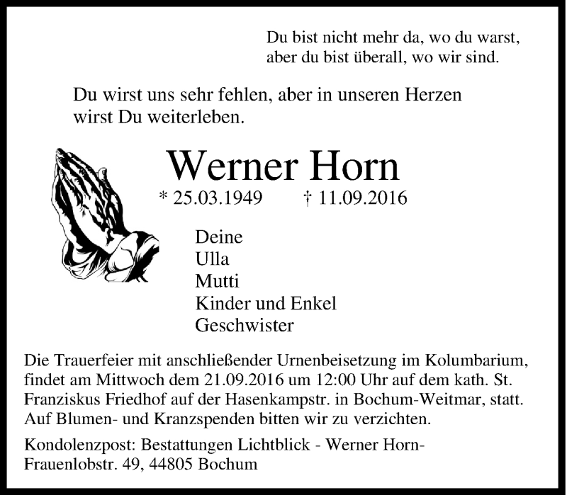  Traueranzeige für Werner Horn vom 17.09.2016 aus Tageszeitung