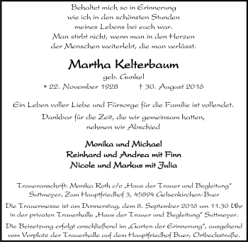 Traueranzeige von Martha Kelterbaum von Tageszeitung