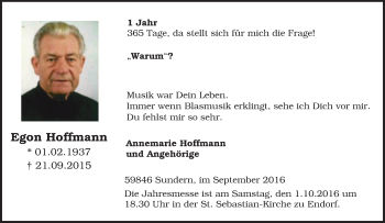 Traueranzeige von Egon Hoffmann von Tageszeitung