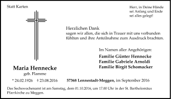 Traueranzeige von Maria Hennecke von Tageszeitung