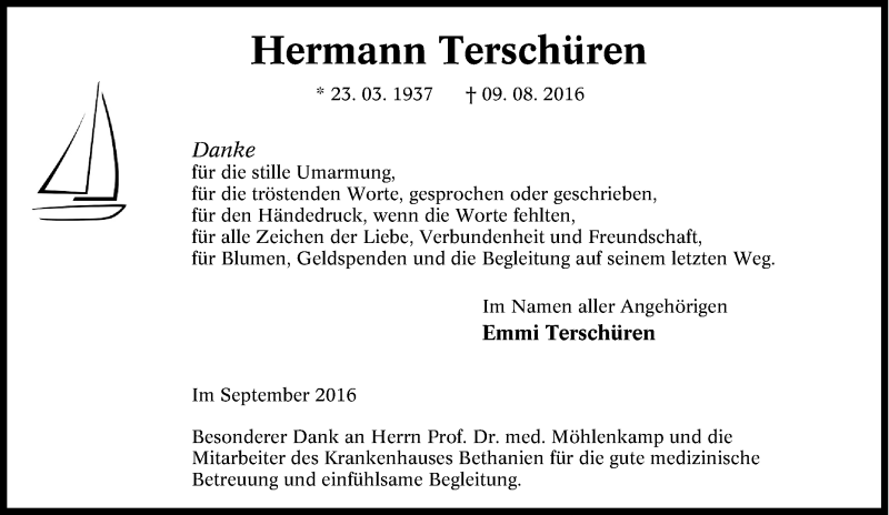 Traueranzeige für Hermann Terschüren vom 22.09.2016 aus Tageszeitung