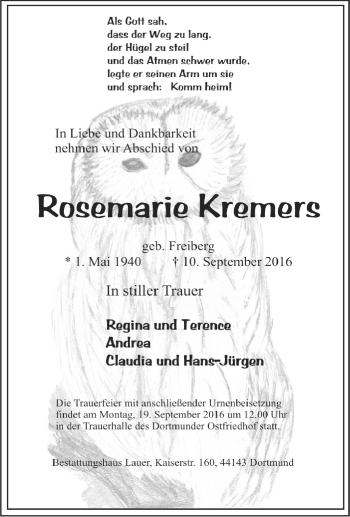 Traueranzeige von Rosemarie Kremers von Tageszeitung