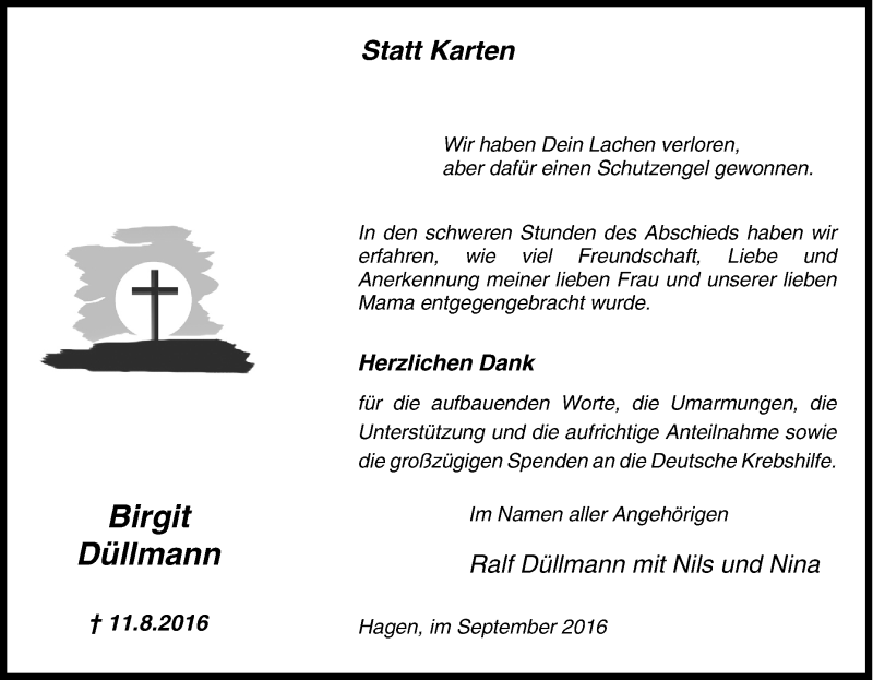  Traueranzeige für Birgit Düllmann vom 24.09.2016 aus Tageszeitung