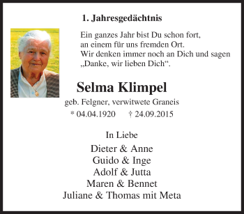 Traueranzeige von Selma Klimpel von Tageszeitung