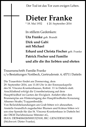 Traueranzeige von Dieter Franke von Tageszeitung