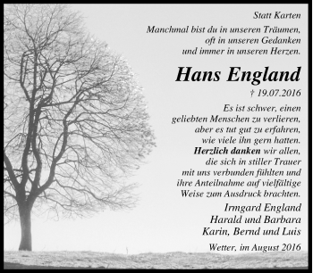 Traueranzeige von Hans England von Tageszeitung