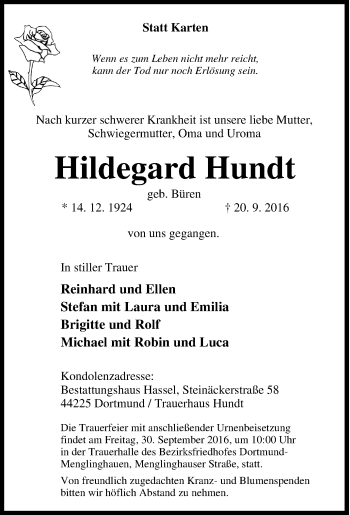 Traueranzeige von Hildegard Hundt von Tageszeitung