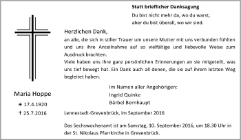 Traueranzeige von Maria Hoppe von Tageszeitung