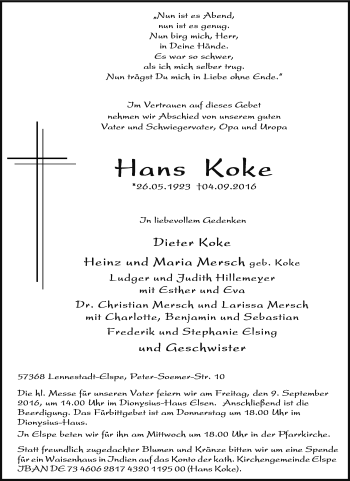 Traueranzeige von Hans Koke von Tageszeitung