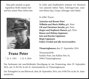 Traueranzeige von Franz Peter von Tageszeitung