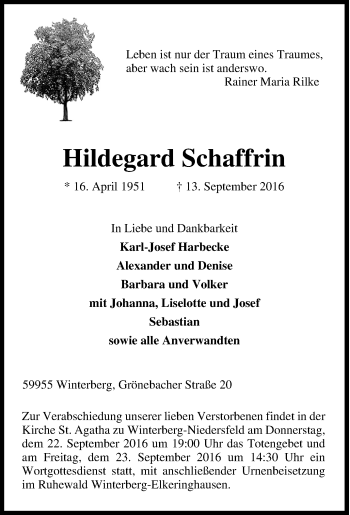 Traueranzeige von Hildegard Schaffrin von Tageszeitung