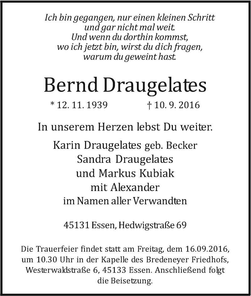  Traueranzeige für Bernd Draugelates vom 13.09.2016 aus Tageszeitung