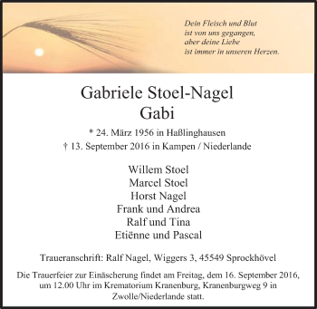 Traueranzeige von Gabriele Stoel-Nagel von Tageszeitung