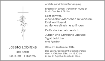 Traueranzeige von Josefa Labitzke von Tageszeitung
