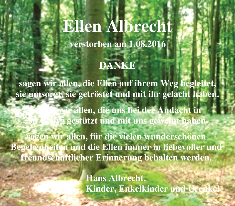  Traueranzeige für Ellen Albrecht vom 17.09.2016 aus Tageszeitung