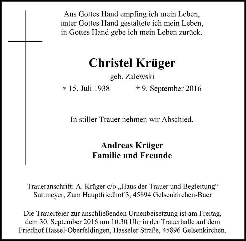  Traueranzeige für Christel Krüger vom 24.09.2016 aus Tageszeitung