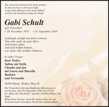 Traueranzeige von Gabi Schult von Tageszeitung