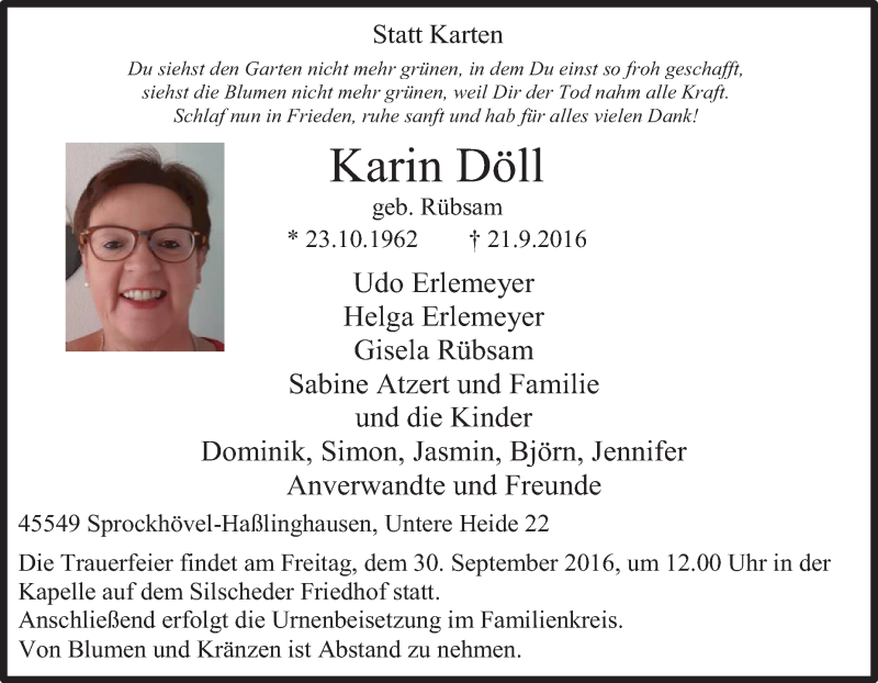  Traueranzeige für Karin Döll vom 27.09.2016 aus Tageszeitung