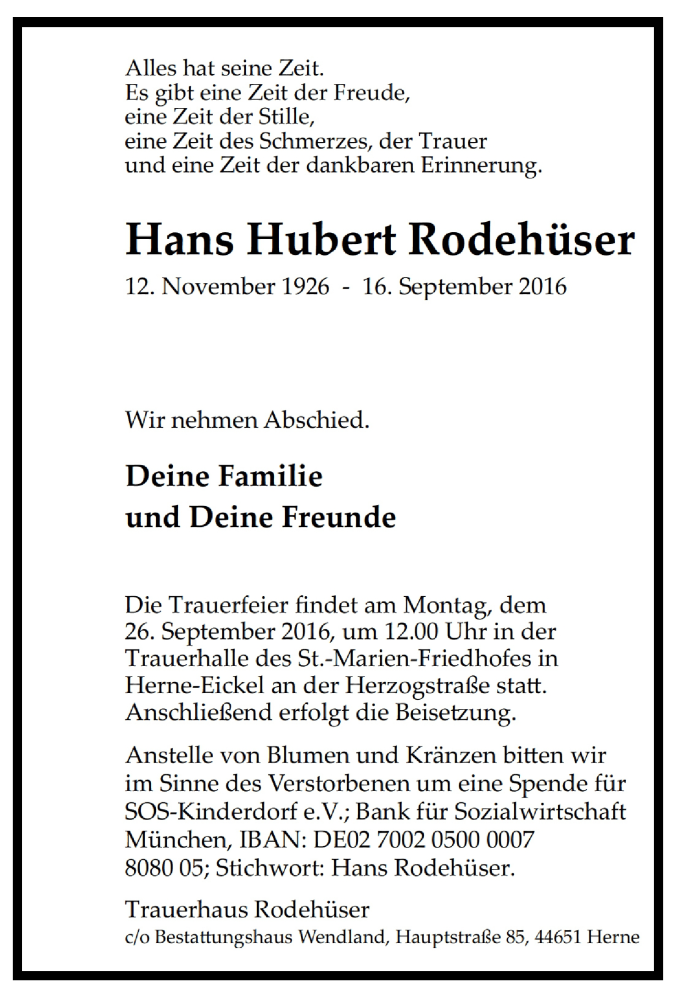 Traueranzeigen von Hans Hubert Rodehüser | Trauer-in-NRW.de
