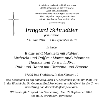 Traueranzeige von Irmgard Schneider von Tageszeitung