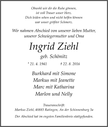 Traueranzeige von Ingrid Ziehl von Tageszeitung