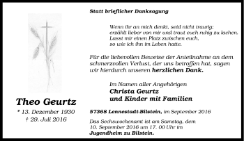 Traueranzeige von Theo Geurtz von Tageszeitung