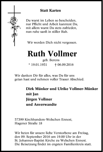 Traueranzeige von Ruth Vollmer von Tageszeitung