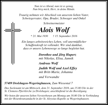 Traueranzeige von Alois Wolf von Tageszeitung