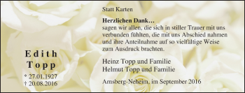 Traueranzeige von Edith Topp von Tageszeitung
