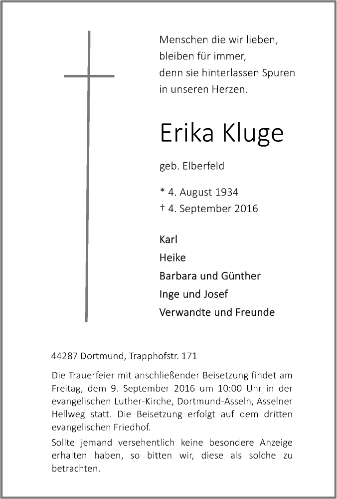  Traueranzeige für Erika Kluge vom 07.09.2016 aus Tageszeitung