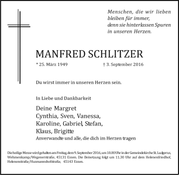 Traueranzeige von Manfred Schlitzer von Tageszeitung