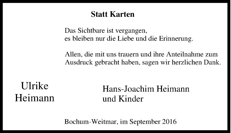  Traueranzeige für Ulrike Heimann vom 24.09.2016 aus Tageszeitung
