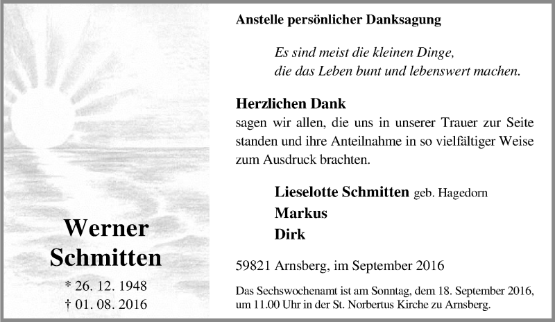  Traueranzeige für Werner Schmitten vom 10.09.2016 aus Tageszeitung