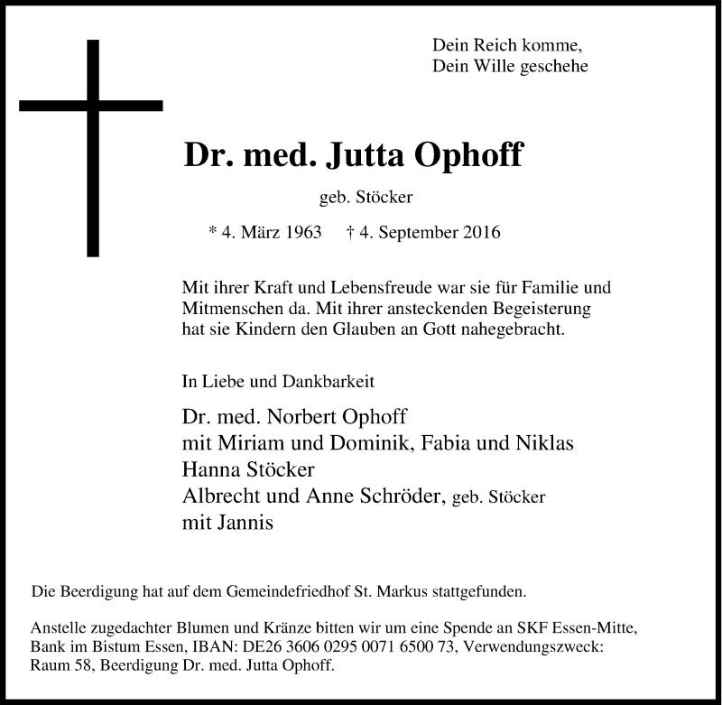  Traueranzeige für Jutta Ophoff vom 14.09.2016 aus Tageszeitung