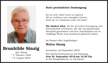 Traueranzeige von Brunhilde Sinzig von Tageszeitung
