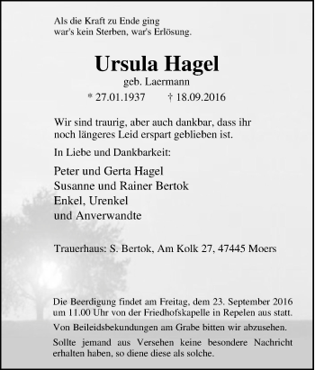 Traueranzeige von Ursula Hagel von Tageszeitung
