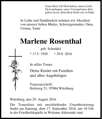 Traueranzeige von Marlene Rosenthal von Tageszeitung