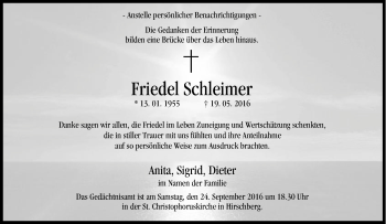 Traueranzeige von Friedel Schleimer von Tageszeitung
