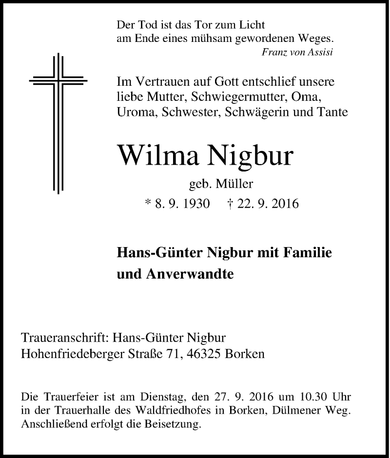  Traueranzeige für Wilma Nigbur vom 24.09.2016 aus Tageszeitung