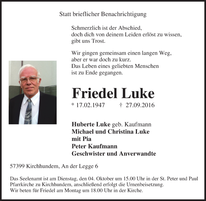  Traueranzeige für Friedel Luke vom 29.09.2016 aus Tageszeitung